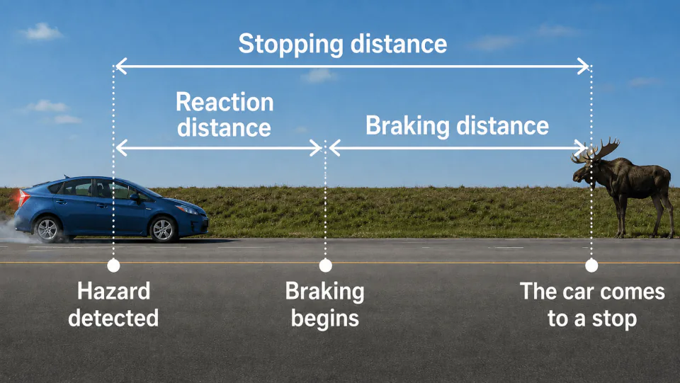 Stopping distance broken into two parts: the reaction distance before braking begins, and the braking distance itself, ending at the hazard.