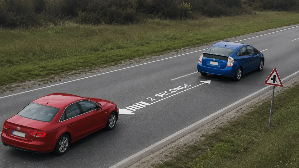 Two cars on a road with a two-second gap marked between them.